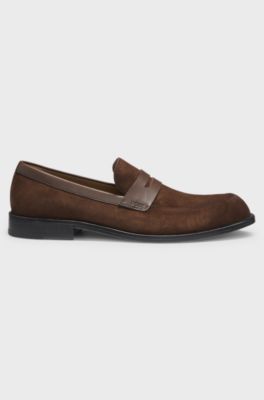 Mocassins en cuir su&eacute;d&eacute; avec finitions en cuir, Marron fonc&eacute;