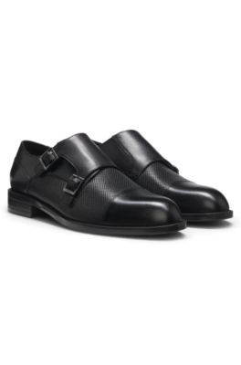 Double monk shoes in leather with perforated detail, Black