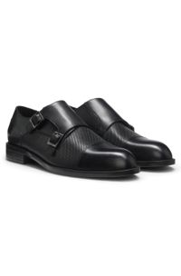 Double monk shoes in leather with perforated detail, Black