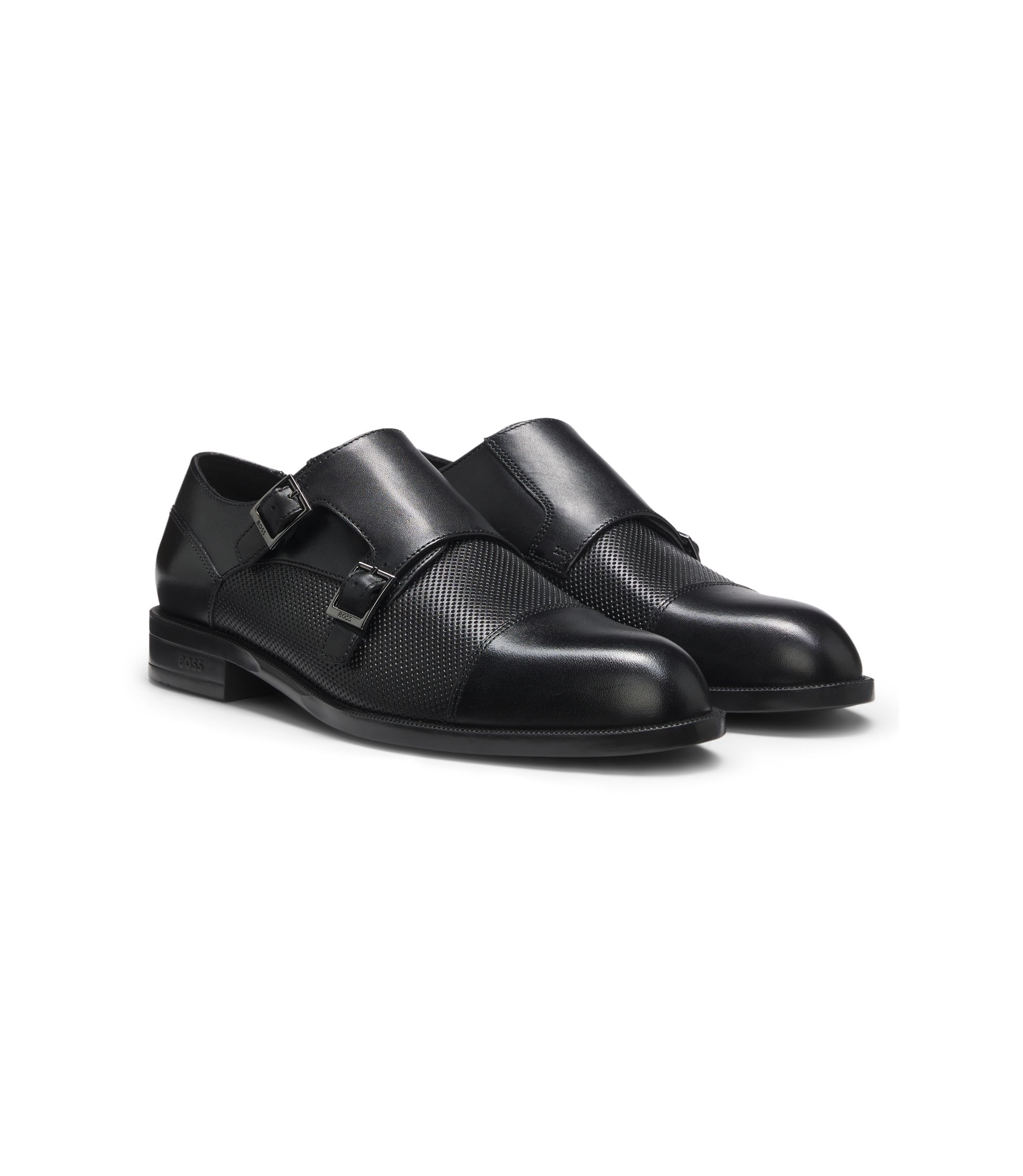 HUGO BOSS ダブルモンク　シューズ BOSS - ダブルモンクシューズ レザー パンチングディテール - ブラック