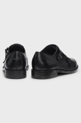 Double monk shoes in leather with perforated detail, Black