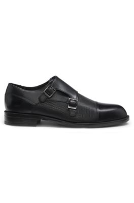 HUGO BOSS ダブルモンク　シューズ BOSS - ダブルモンクシューズ レザー パンチングディテール - ブラック