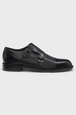 Double monk shoes in leather with perforated detail, Black