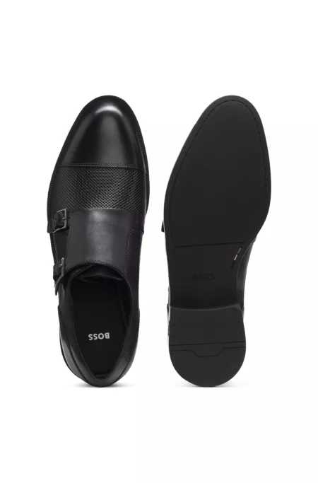 Double monk shoes in leather with perforated detail