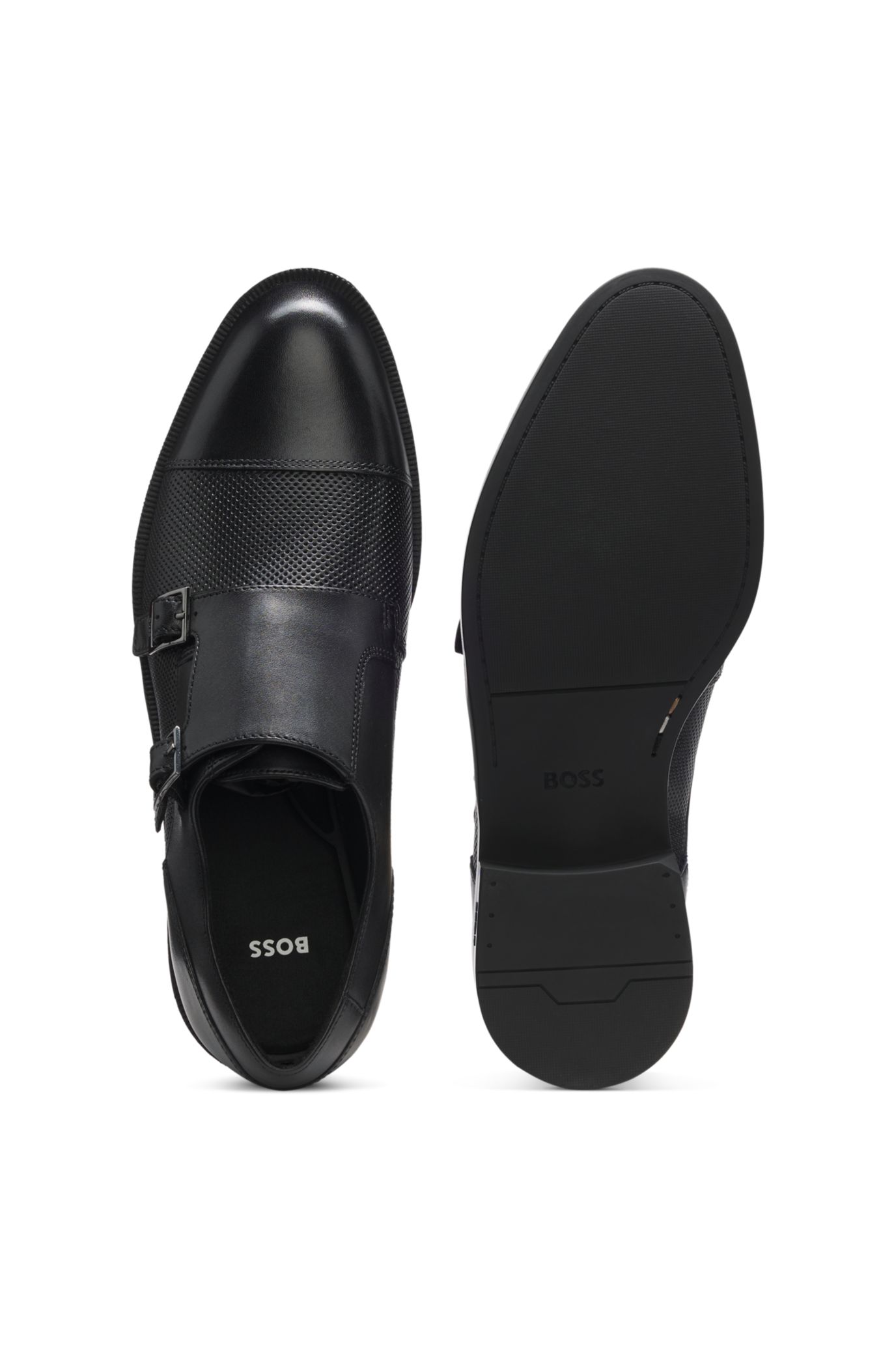 HUGO BOSS ダブルモンク　シューズ BOSS - ダブルモンクシューズ レザー パンチングディテール - ブラック