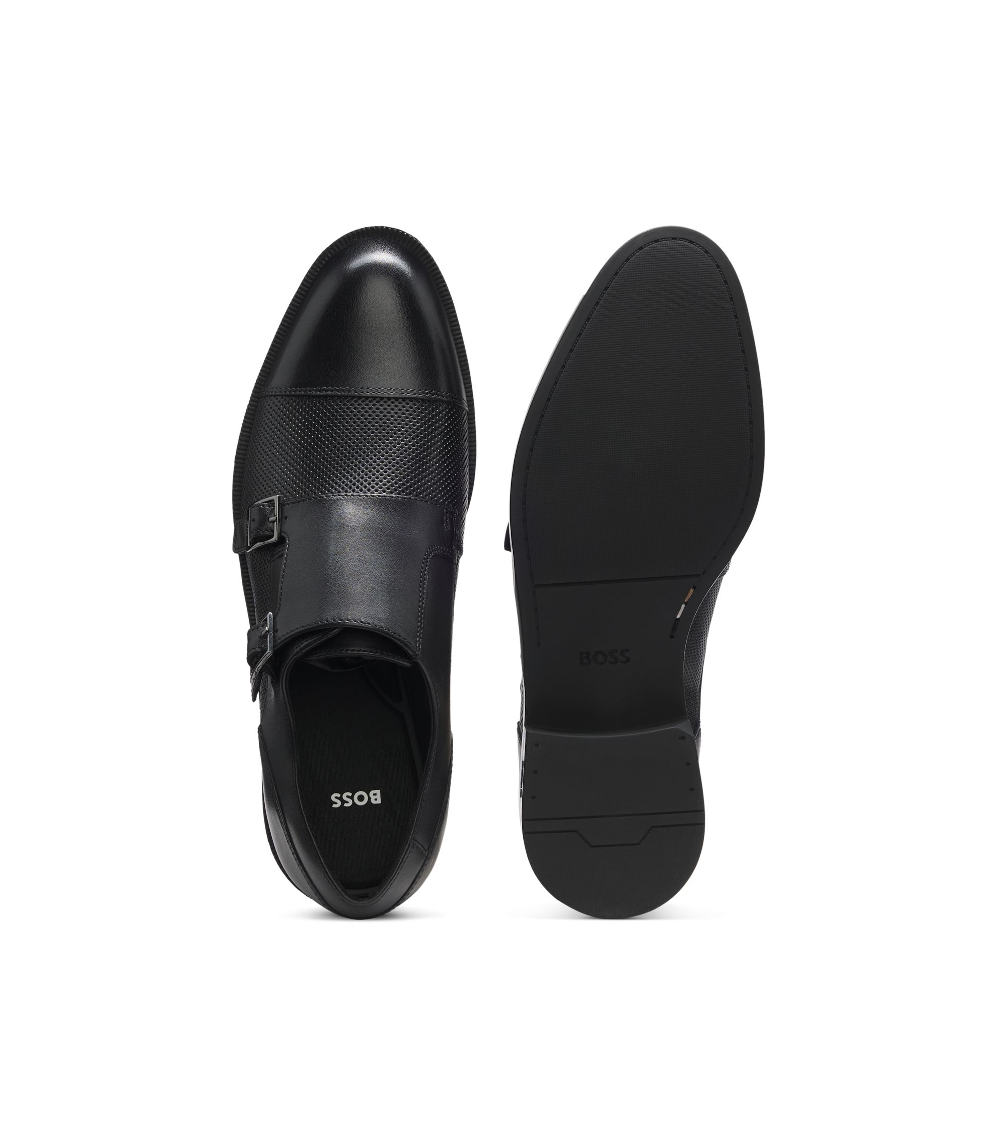 HUGO BOSS ダブルモンク　シューズ BOSS - ダブルモンクシューズ レザー パンチングディテール - ブラック