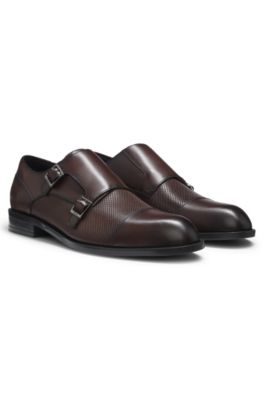 Double monk shoes in leather with perforated detail, Dark Brown