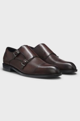 Scarpe double monk in pelle con dettaglio traforato, Marrone scuro