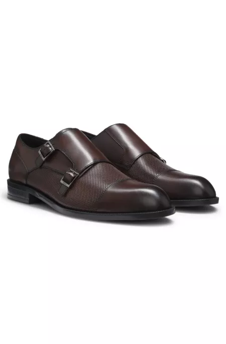 Double monk shoes in leather with perforated detail
