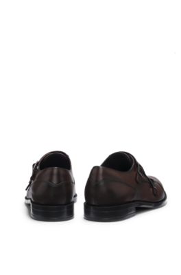 Double monk shoes in leather with perforated detail, Dark Brown