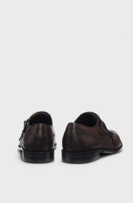 Scarpe double monk in pelle con dettaglio traforato, Marrone scuro
