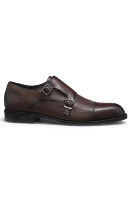 Double monk shoes in leather with perforated detail, Dark Brown