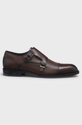Scarpe double monk in pelle con dettaglio traforato, Marrone scuro