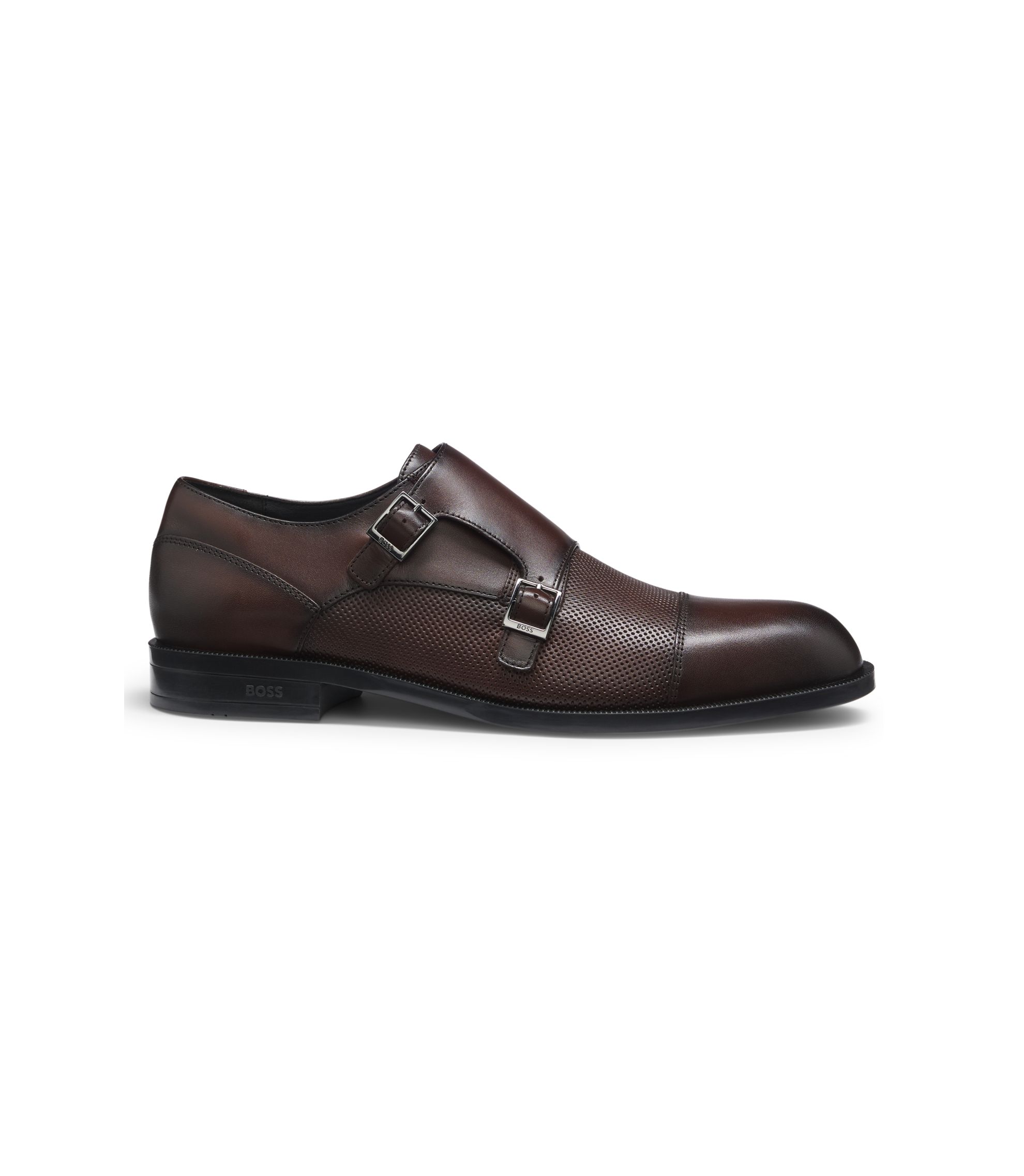 HUGO BOSS ダブルモンク　シューズ BOSS - ダブルモンクシューズ レザー パンチングディテール - ダーク