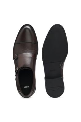 Double monk shoes in leather with perforated detail, Dark Brown