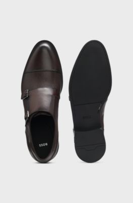Double monk shoes in leather with perforated detail, Dark Brown