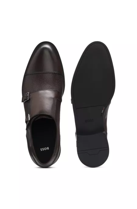 Double monk shoes in leather with perforated detail