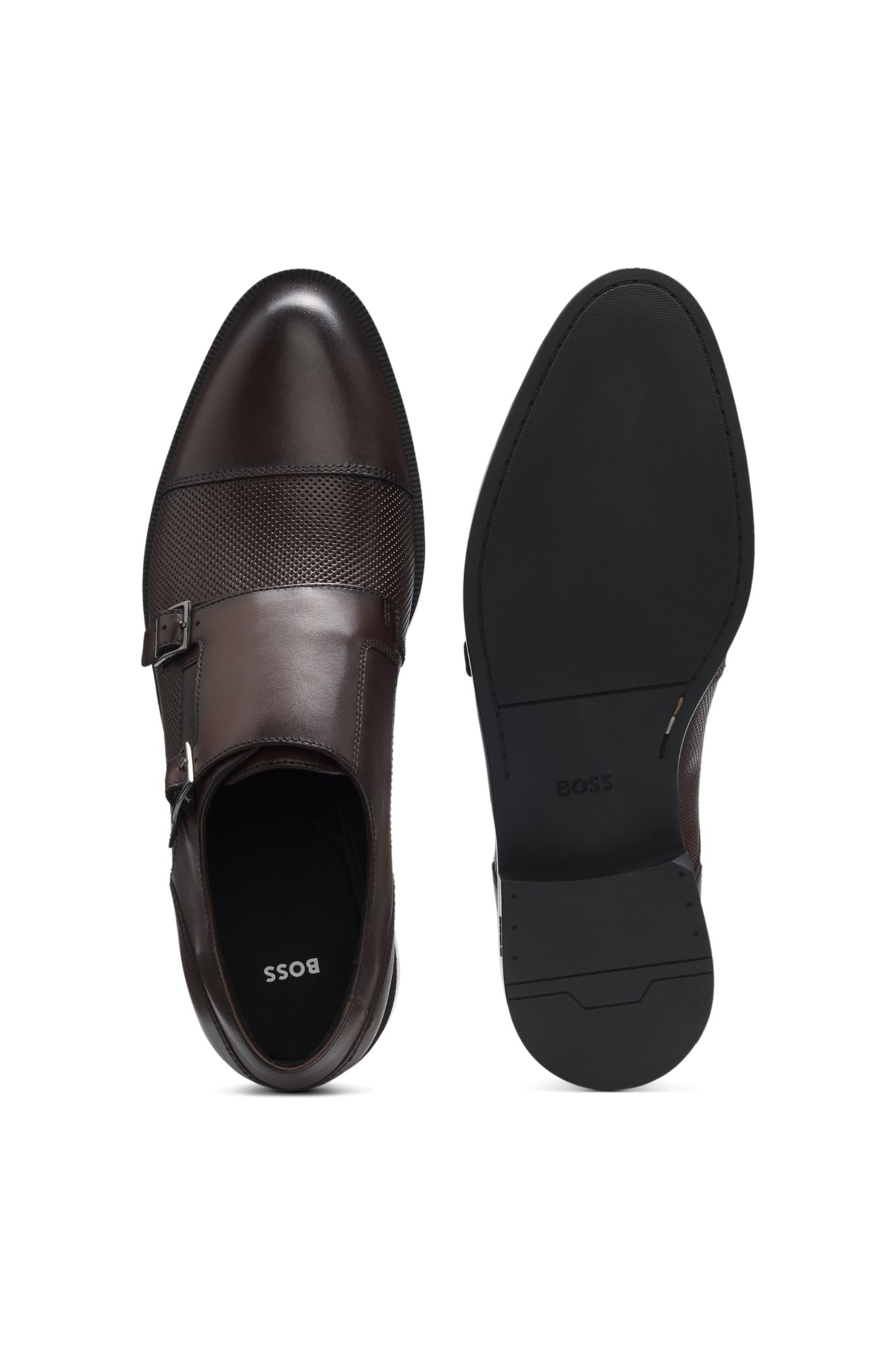 HUGO BOSS ダブルモンク　シューズ BOSS - ダブルモンクシューズ レザー パンチングディテール - ダーク