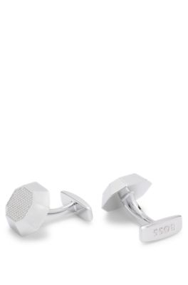 Textured octagonal-shaped cufflinks in brass, Silver tone