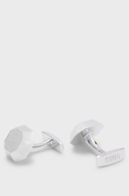 Textured octagonal-shaped cufflinks in brass, Silver tone