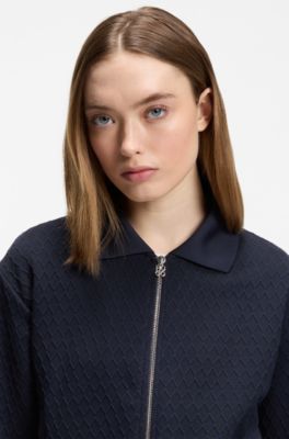 Sweatshirt met rits en tweedelig logo als ritstrekker, Donkerblauw