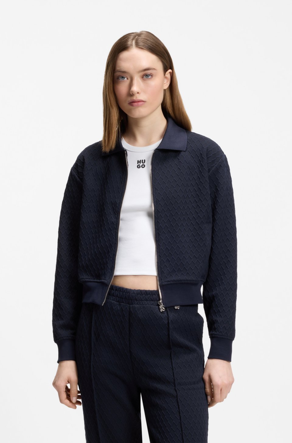 Zip-up sweatshirt with stacked-logo puller