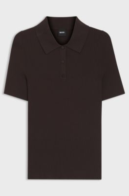 Rib-knit polo in breathable fabric, Dark Brown