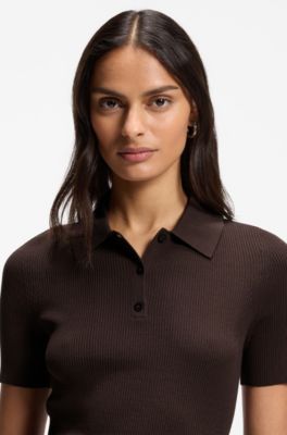 Rib-knit polo in breathable fabric, Dark Brown