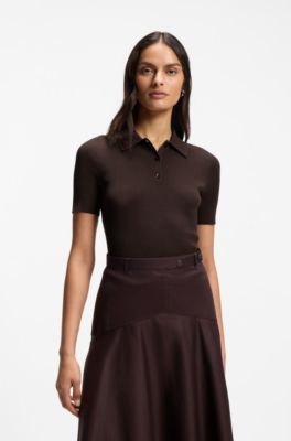 Rib-knit polo in breathable fabric, Dark Brown