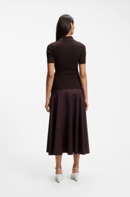 Rib-knit polo in breathable fabric, Dark Brown