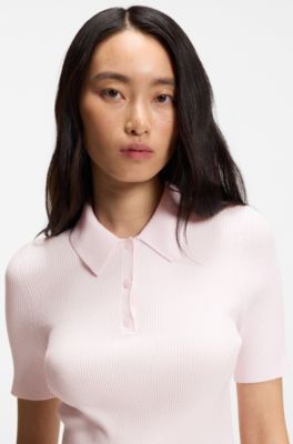 Rib-knit polo in breathable fabric, light pink