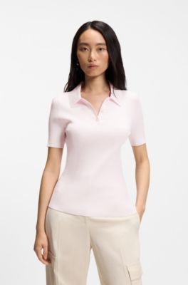 Rib-knit polo in breathable fabric, light pink