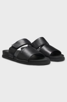 Leather slides with riptape strap, Black