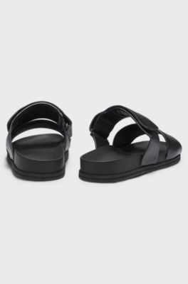 Leather slides with riptape strap, Black