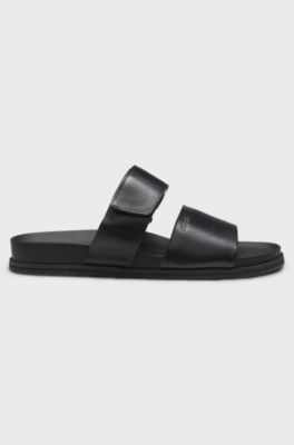 Leather slides with riptape strap, Black