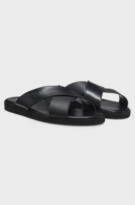 Faux-leather slides with plain and patterned straps, Black