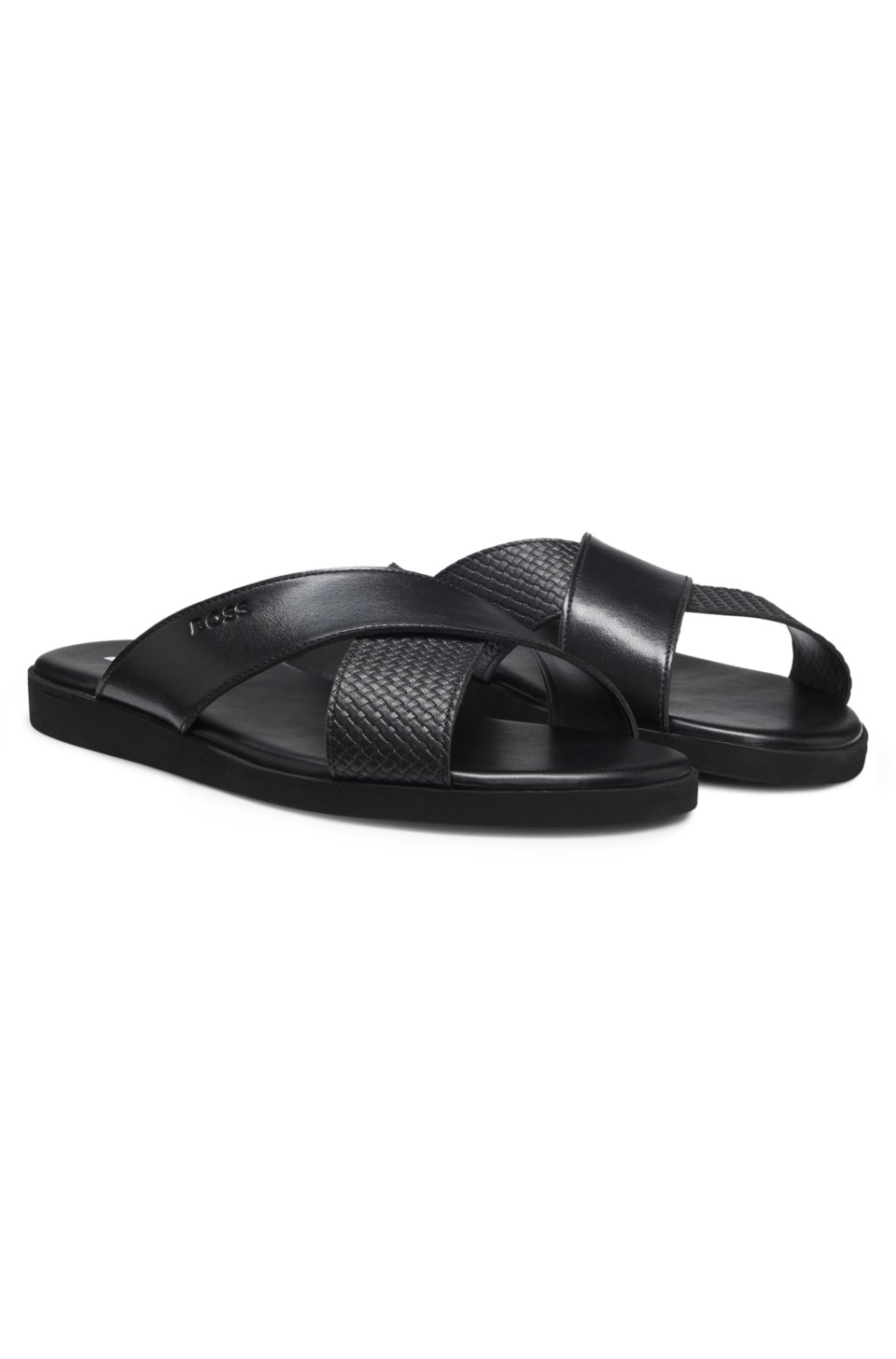 Faux-leather slides with plain and patterned straps