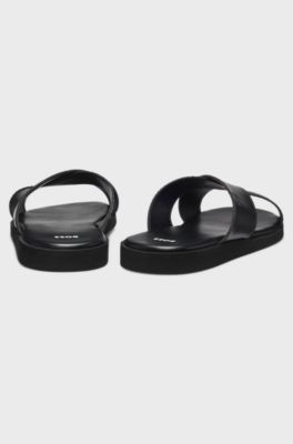 Faux-leather slides with plain and patterned straps, Black
