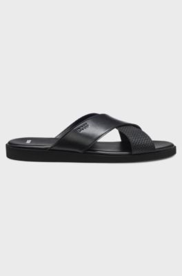 Faux-leather slides with plain and patterned straps, Black