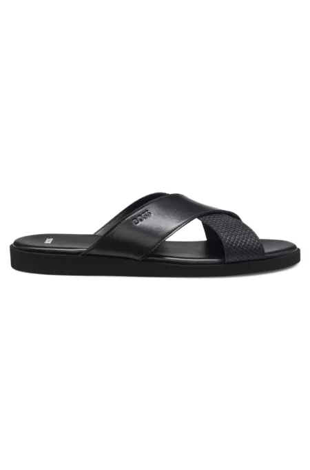 Faux-leather slides with plain and patterned straps