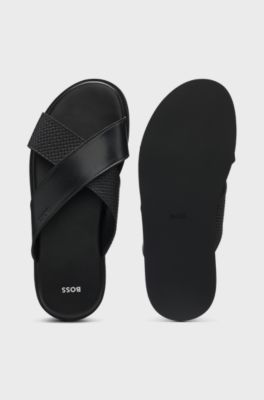 Faux-leather slides with plain and patterned straps, Black