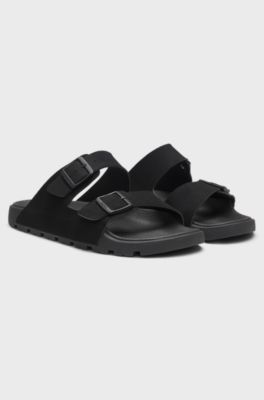 Sandali slider con doppia fascetta e fibbie con logo, Nero