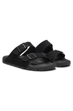 Twin-strap slides with branded buckles