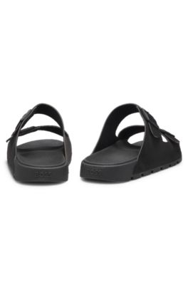 Twin-strap slides with branded buckles, Black