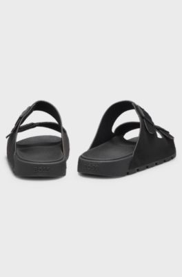 Twin-strap slides with branded buckles, Black