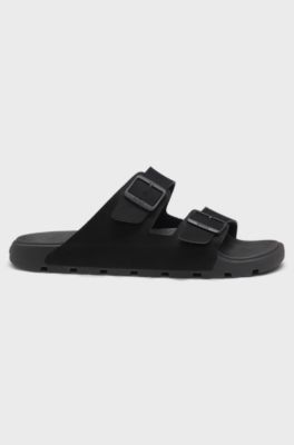Twin-strap slides with branded buckles, Black