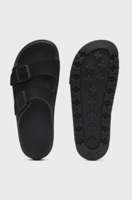 Sandali slider con doppia fascetta e fibbie con logo, Nero