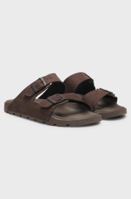 Twin-strap slides with branded buckles, Dark Brown