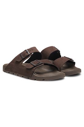 Twin-strap slides with branded buckles