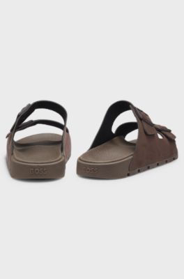 Twin-strap slides with branded buckles, Dark Brown